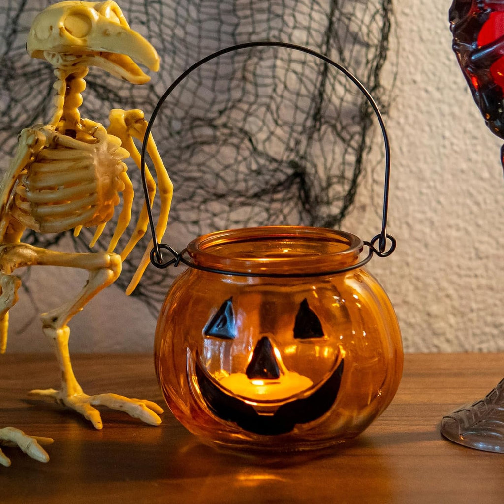 Halloween Pumpkin Glass Candle Holder Lantern with Ghost Face – Orange Hanging Tealight Jar with Metal Handle for Spooky Home & Party Decor