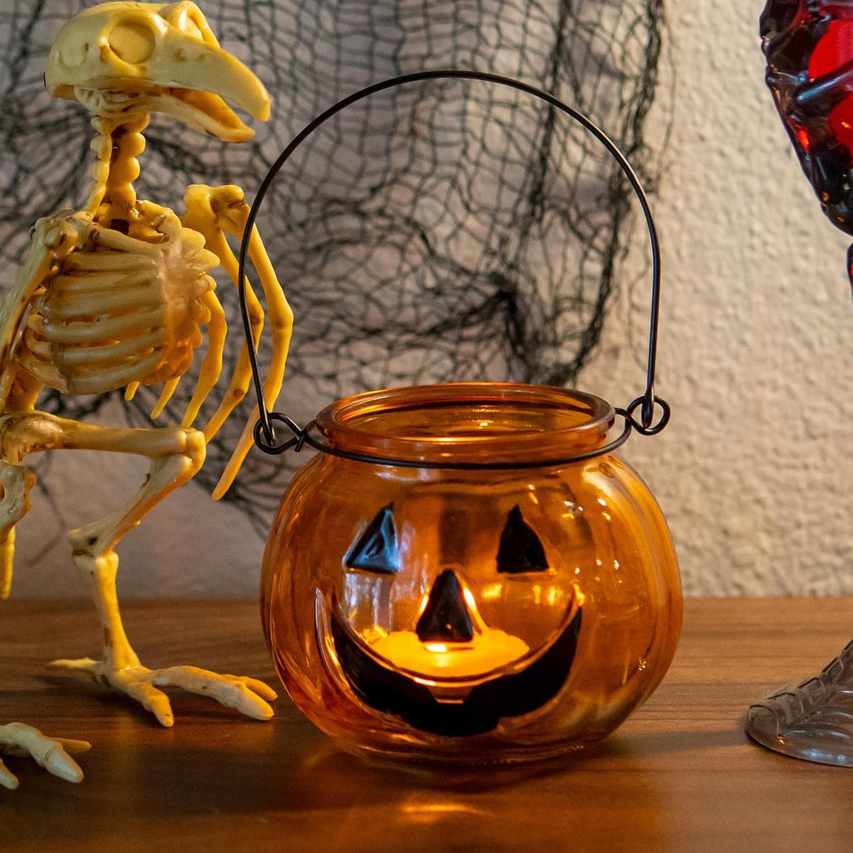Halloween Pumpkin Glass Candle Holder Lantern with Ghost Face – Orange Hanging Tealight Jar with Metal Handle for Spooky Home & Party Decor