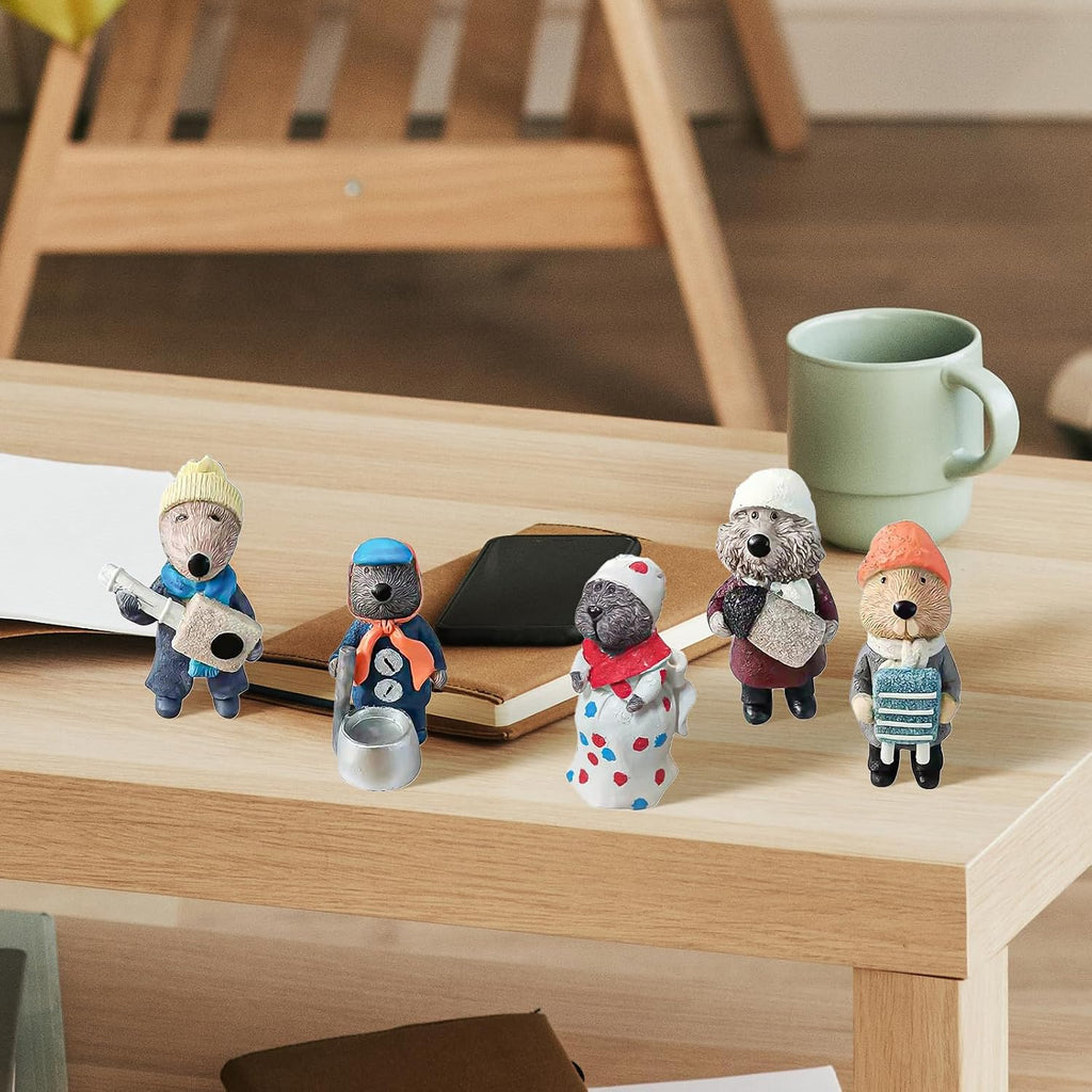 Cute Mouse Resin Figurine – 5 Pieces Hand-Painted Woodland Animal Mini Statues for Home Shelf & Desk Decor