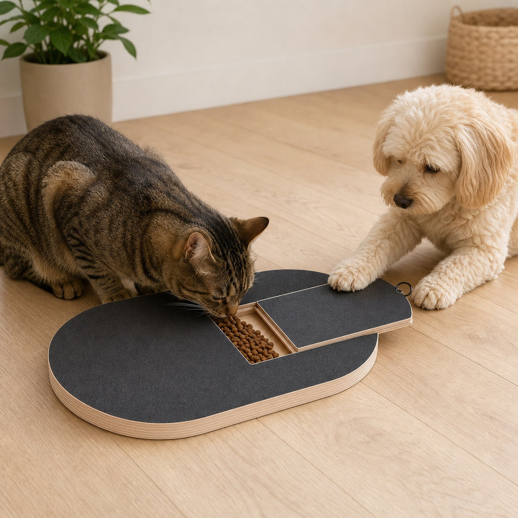 Treat-Reward Nail Filing Board for Dogs & Cats – Wooden Scratch Pad with Hidden Treat Compartment for Stress-Free Pet Nail Care