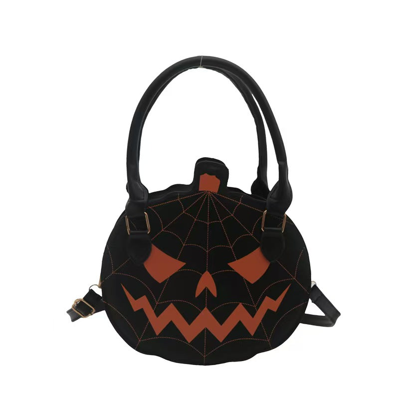 Halloween Pumpkin Crossbody Bag for Women – Jack-O'-Lantern PU Handbag with Spiderweb Stitching, Top Handles & Adjustable Shoulder Strap
