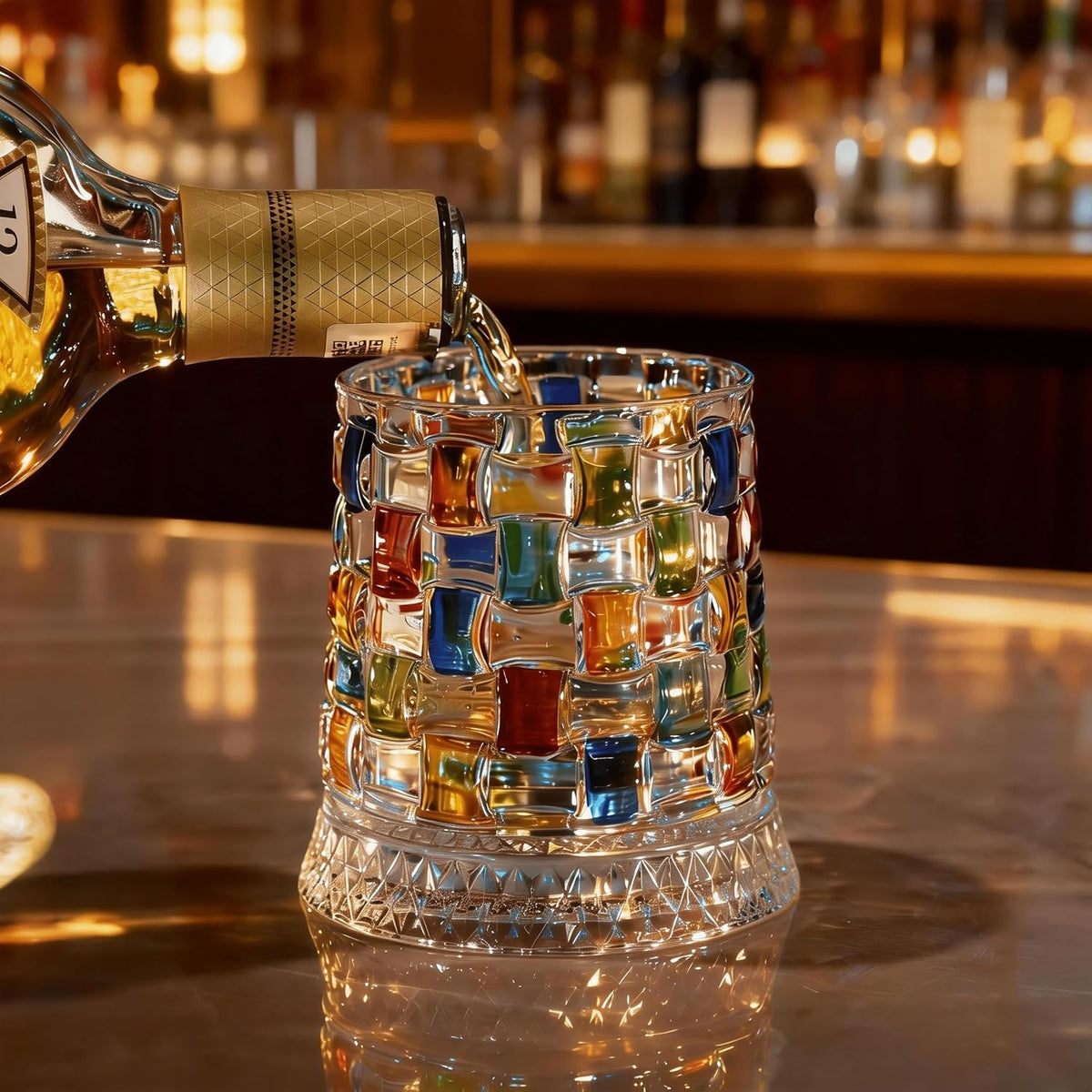 Rotating Crystal Whiskey Glass 270ml – Hand-Painted Colorful Woven Design Tumbler with Spinning Base, Unique Gift for Whiskey & Cocktail Lovers