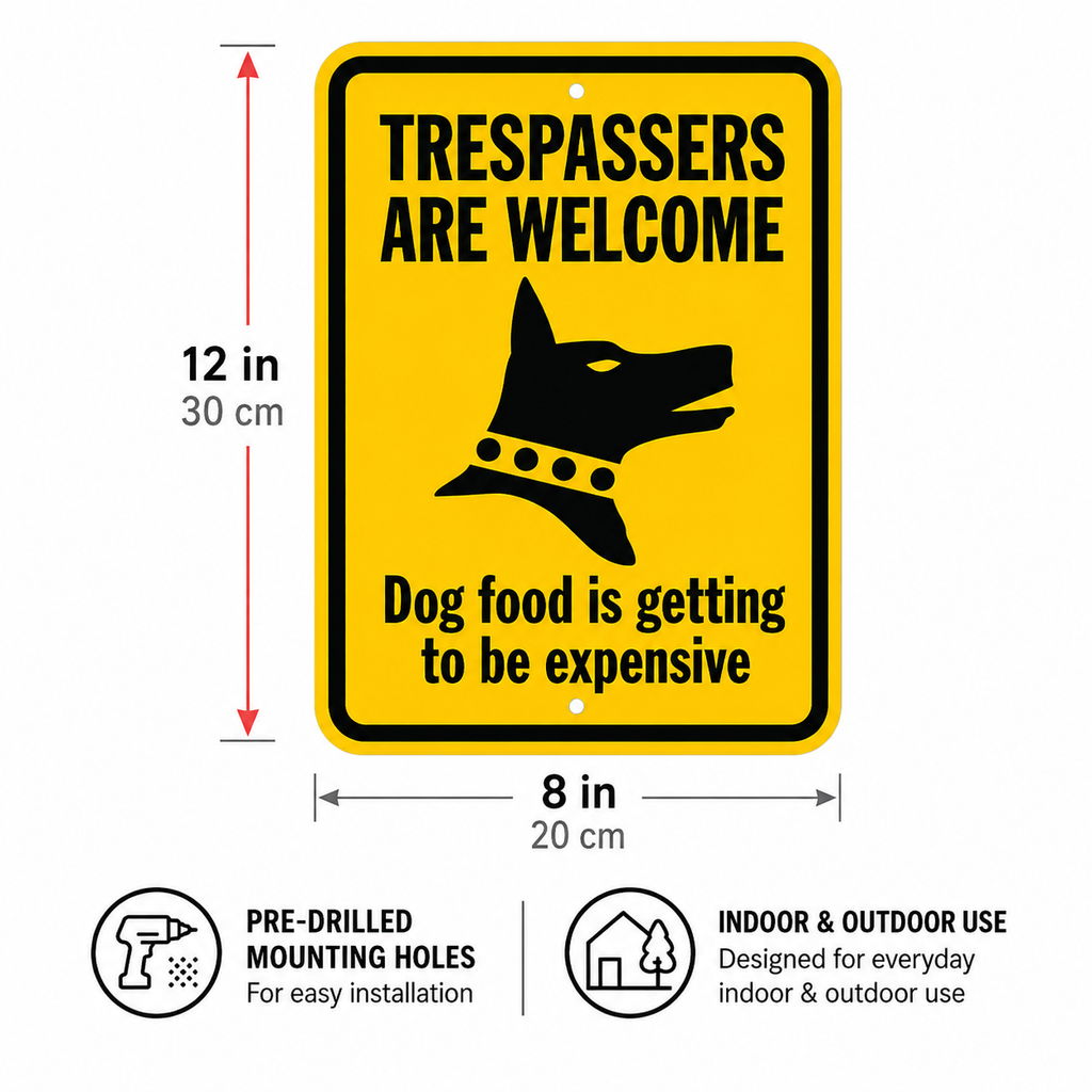 Funny No Trespassing Sign – "Dog Food Is Getting Expensive" | 12×8 in Aluminum Yard Sign, Weatherproof, Pre-Drilled