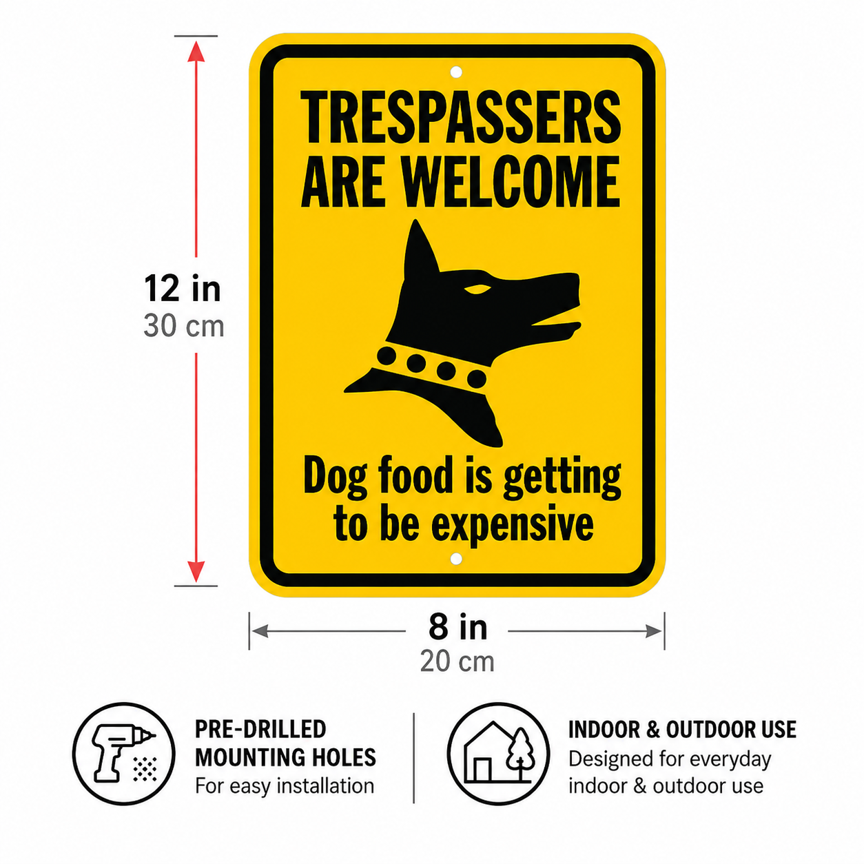 Funny No Trespassing Sign – "Dog Food Is Getting Expensive" | 12×8 in Aluminum Yard Sign, Weatherproof, Pre-Drilled