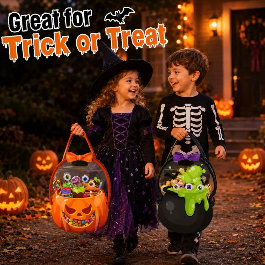 10PCS Halloween Candy Treat Bags – Pumpkin & Witch Cauldron Clear Plastic Candy Bucket with Handle, Reusable Trick or Treat Tote for Kids Halloween Party Favor Bags