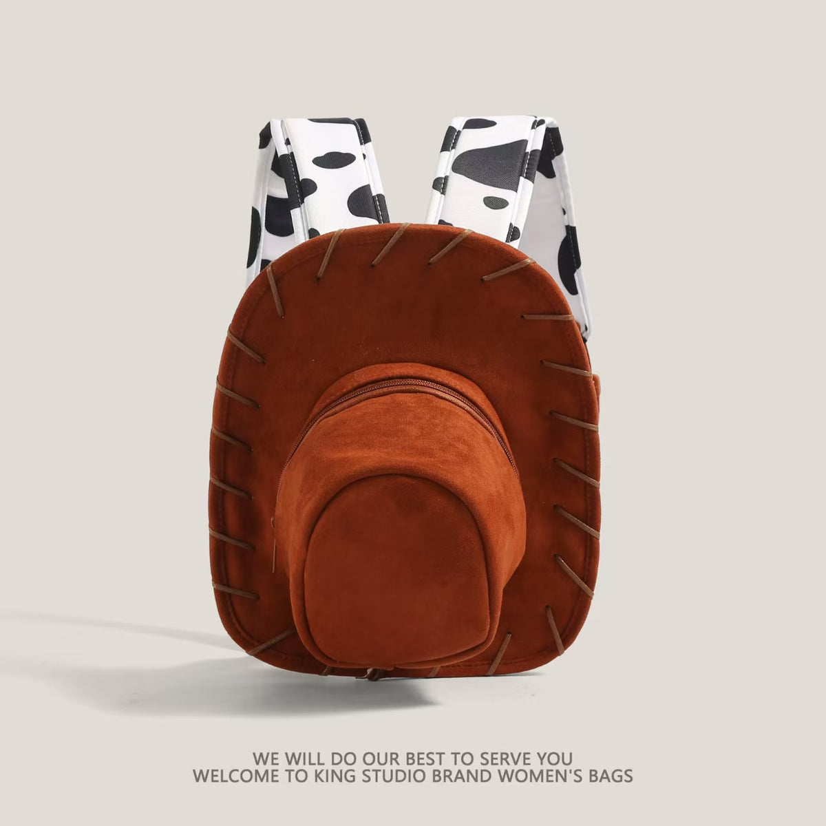 Cowboy Hat-Shaped Suede Backpack – Western Rodeo Backpack with Cow-Print Adjustable Straps, Novelty Costume Travel Bag