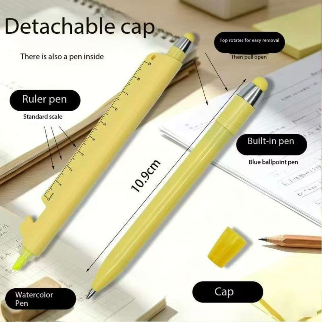 5-in-1 Multifunction Pastel Pen – Gel Pen, Highlighter, Stylus, Ruler & Phone Stand | Cute Macaron School & Office Pen