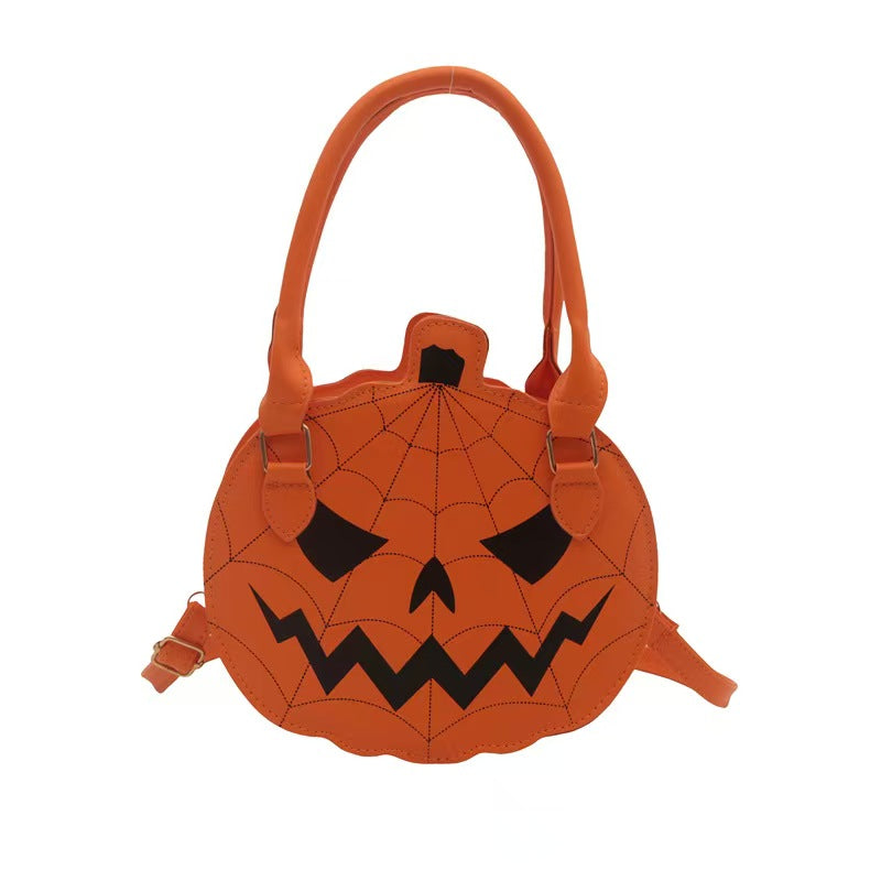 Halloween Pumpkin Crossbody Bag for Women – Jack-O'-Lantern PU Handbag with Spiderweb Stitching, Top Handles & Adjustable Shoulder Strap