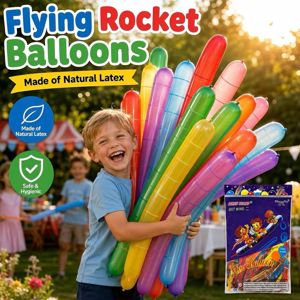 20 Flying Rocket Balloons with Hand Air Pump – Long Launch Balloons for Outdoor Games, Birthday Parties & Family Fun