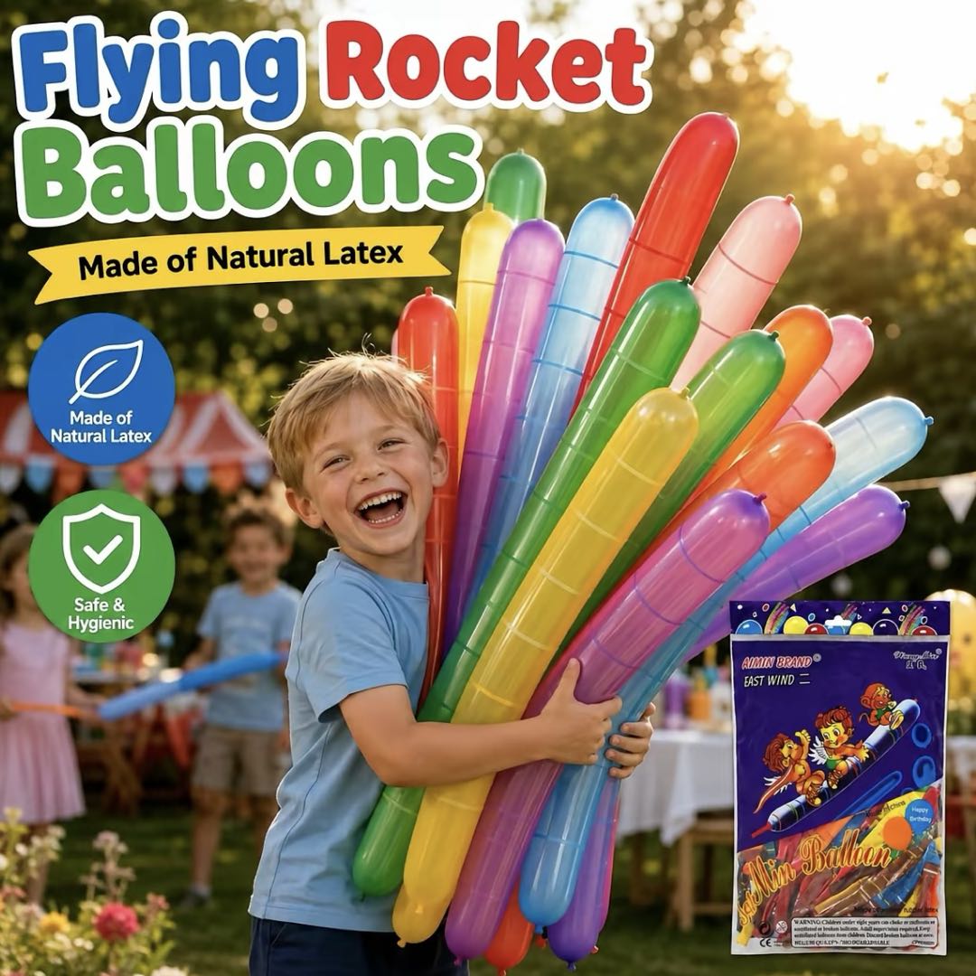 20 Flying Rocket Balloons with Hand Air Pump – Long Launch Balloons for Outdoor Games, Birthday Parties & Family Fun