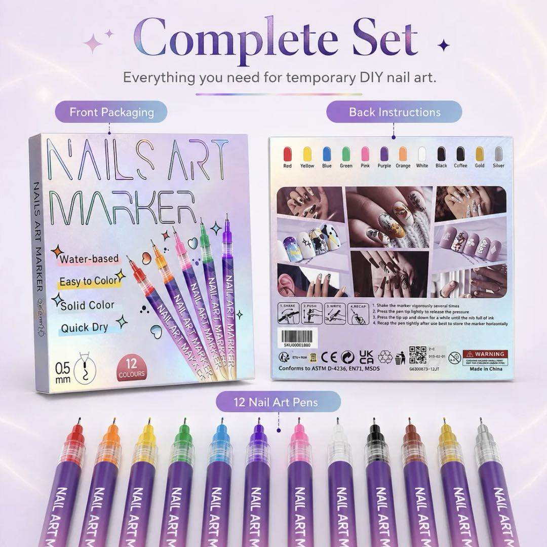 12 Colors Water-Based Nail Art Marker Pens Set – 0.5mm Fine Tip DIY Nail Design Paint Pens, Quick Dry, Washable Nail Art Kit for Beginners & Professionals