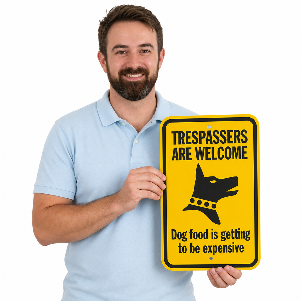 Funny No Trespassing Sign – "Dog Food Is Getting Expensive" | 12×8 in Aluminum Yard Sign, Weatherproof, Pre-Drilled