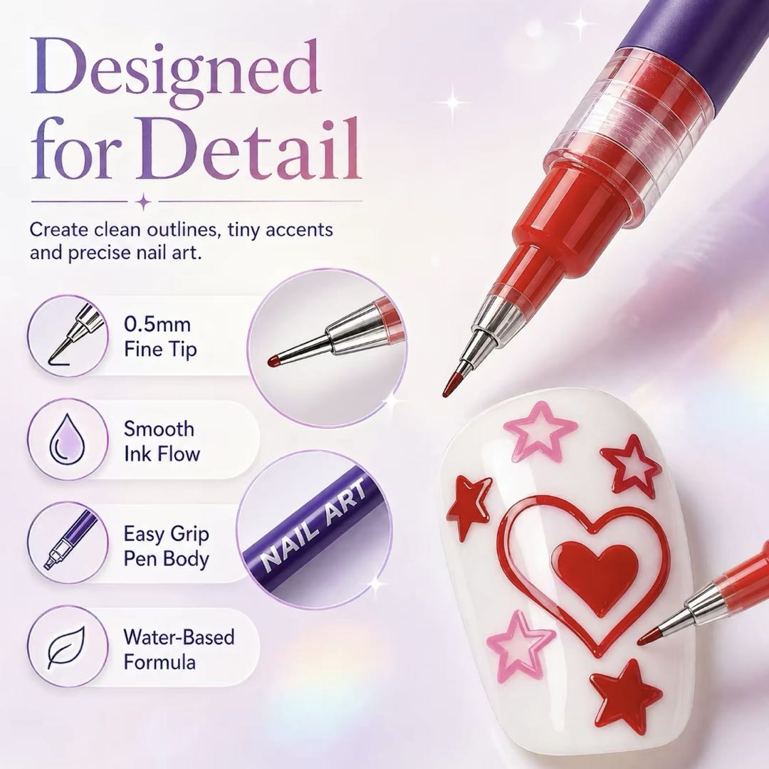 12 Colors Water-Based Nail Art Marker Pens Set – 0.5mm Fine Tip DIY Nail Design Paint Pens, Quick Dry, Washable Nail Art Kit for Beginners & Professionals