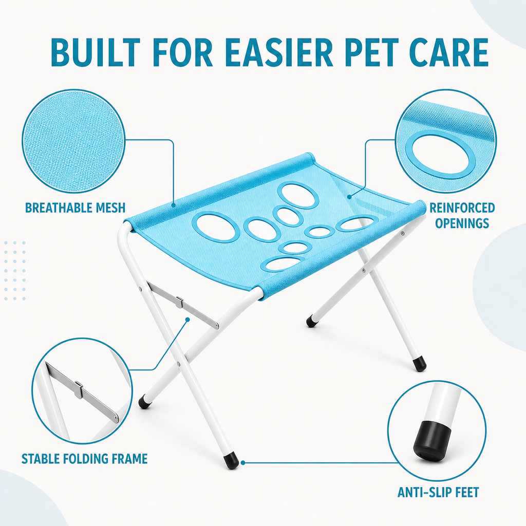 8-Hole Pet Grooming Table with Bite-Resistant Hammock – for Bathing, Nail Trimming & Cleaning