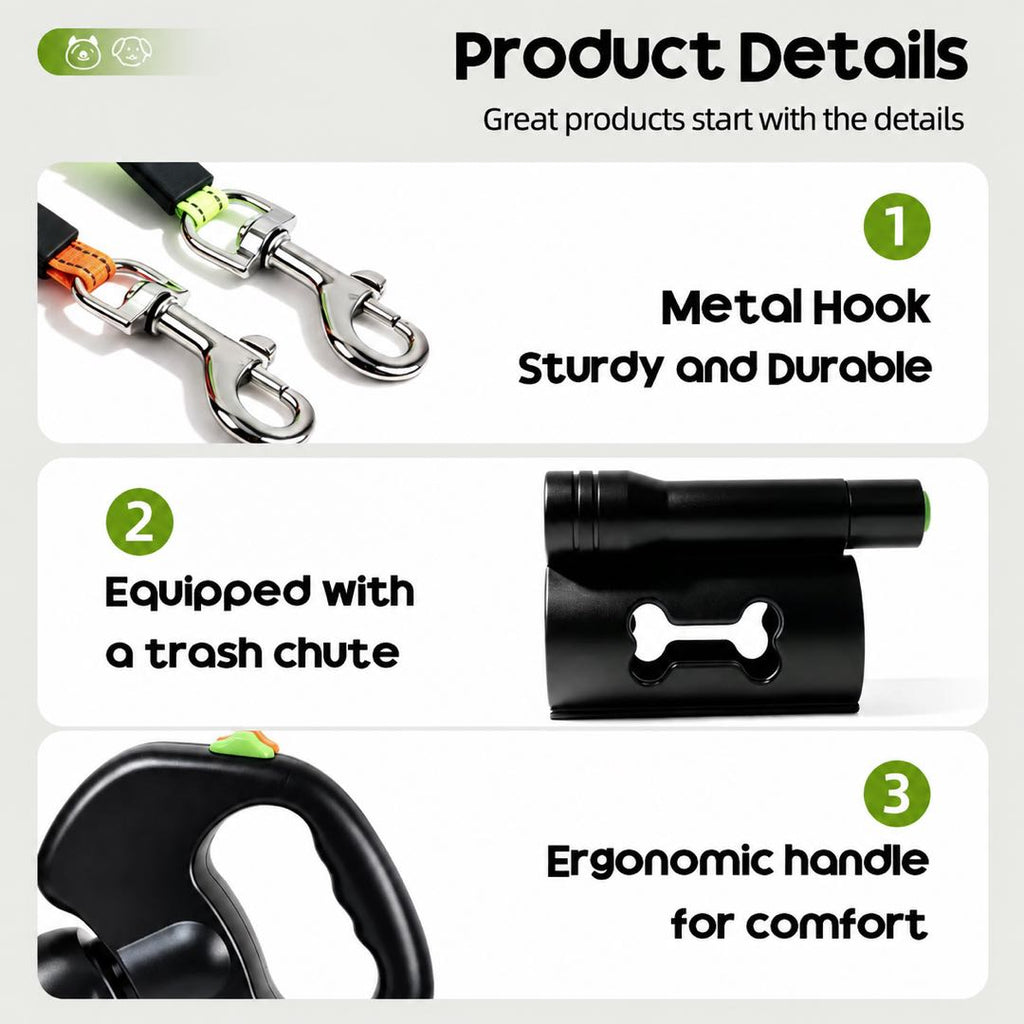 360° Retractable Dog Leash with LED Light | Heavy Duty Hands-Free Pet Walking Lead for Two Dogs