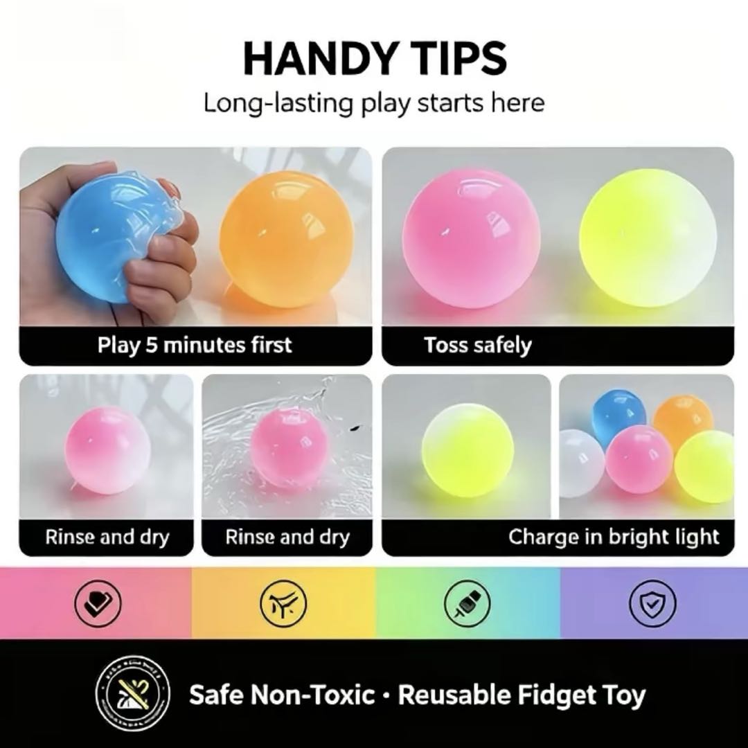 Glow Sticky Wall Balls 5-Pack (6CM) – Glow in The Dark Squishy Ceiling Toss Balls, Random Color Reusable Sensory Fidget Toy for Kids & Adults
