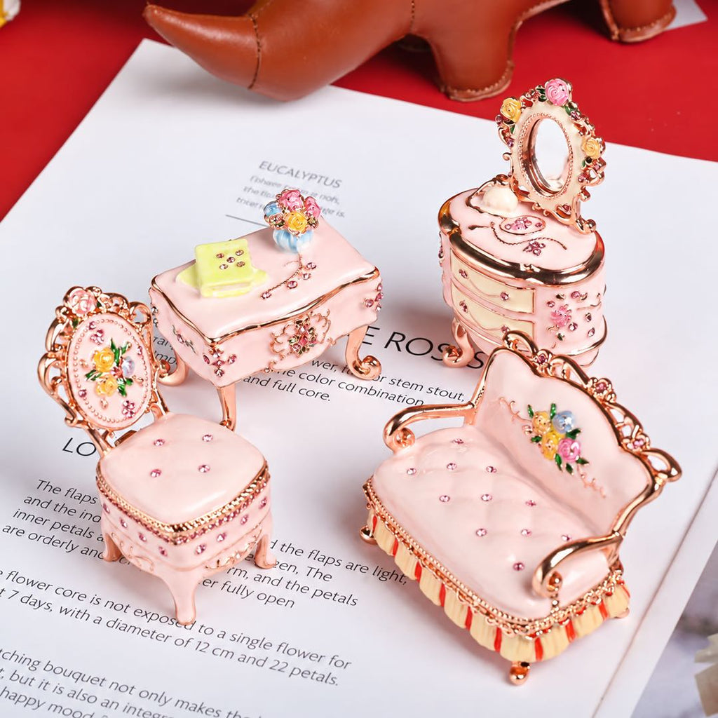 Vintage Mini Furniture Jewelry Box – Hand-Painted Enamel Metal Trinket Box