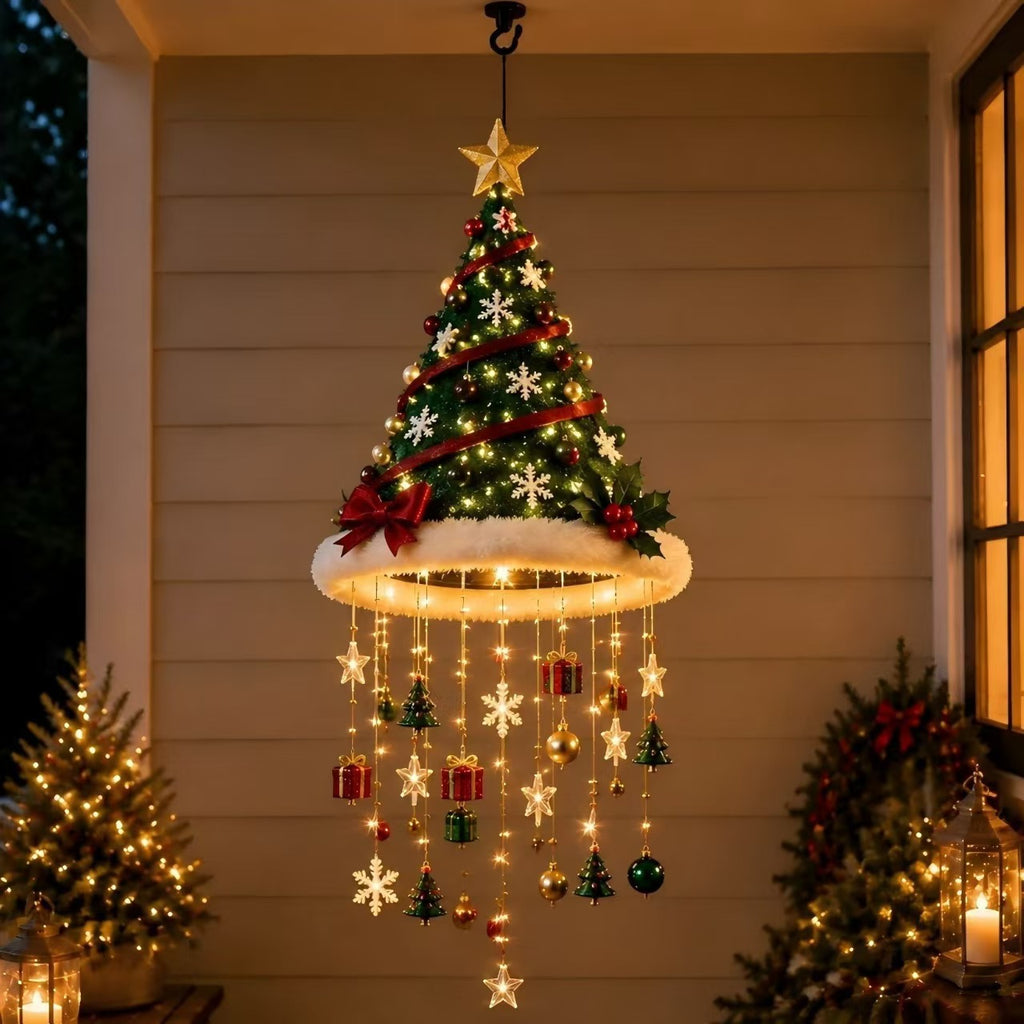 Lighted Santa Hat Christmas Hanging Chandelier – Warm LED Tassel Ornament with Stars & Holiday Charms, Battery Powered Ceiling & Window Christmas Decor