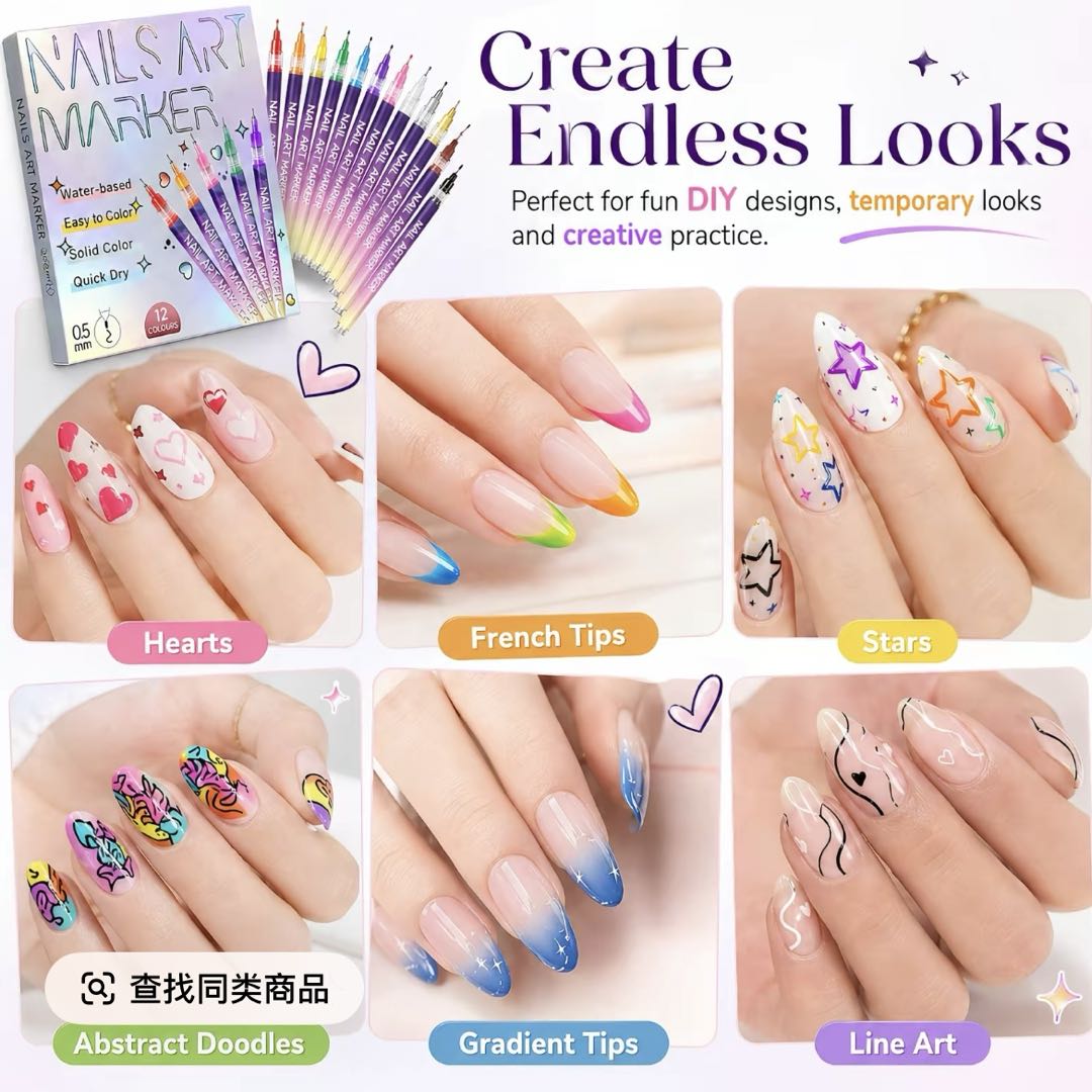 12 Colors Water-Based Nail Art Marker Pens Set – 0.5mm Fine Tip DIY Nail Design Paint Pens, Quick Dry, Washable Nail Art Kit for Beginners & Professionals