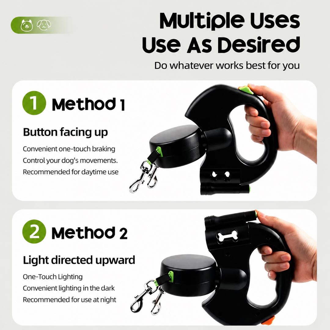 360° Retractable Dog Leash with LED Light | Heavy Duty Hands-Free Pet Walking Lead for Two Dogs