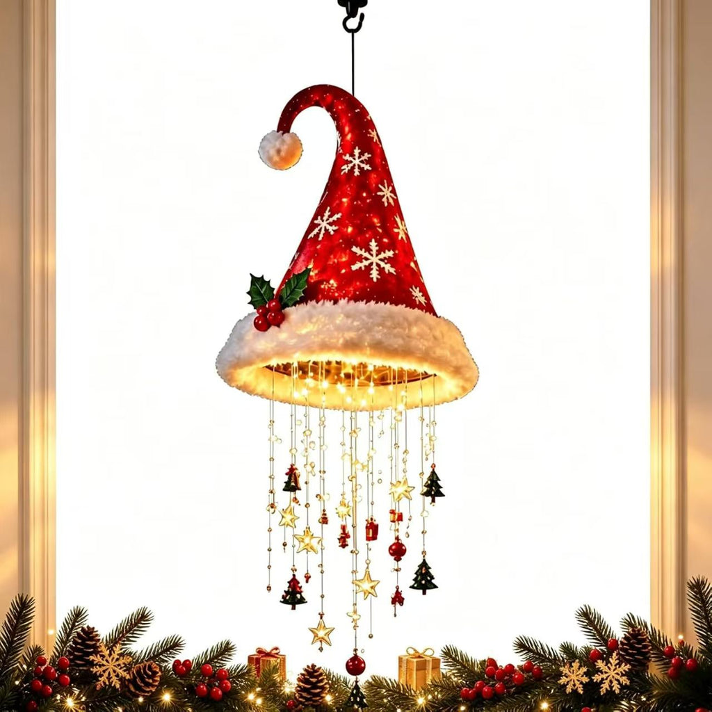 Lighted Santa Hat Christmas Hanging Chandelier – Warm LED Tassel Ornament with Stars & Holiday Charms, Battery Powered Ceiling & Window Christmas Decor