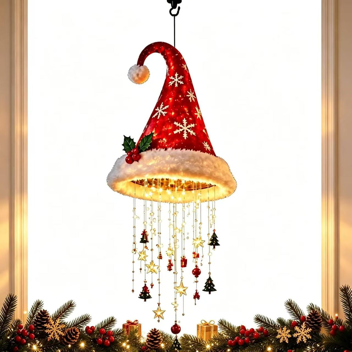 Lighted Santa Hat Christmas Hanging Chandelier – Warm LED Tassel Ornament with Stars & Holiday Charms, Battery Powered Ceiling & Window Christmas Decor