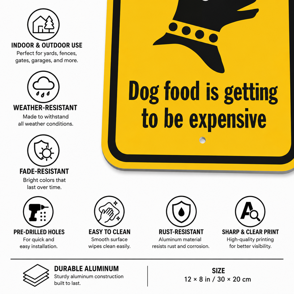 Funny No Trespassing Sign – "Dog Food Is Getting Expensive" | 12×8 in Aluminum Yard Sign, Weatherproof, Pre-Drilled