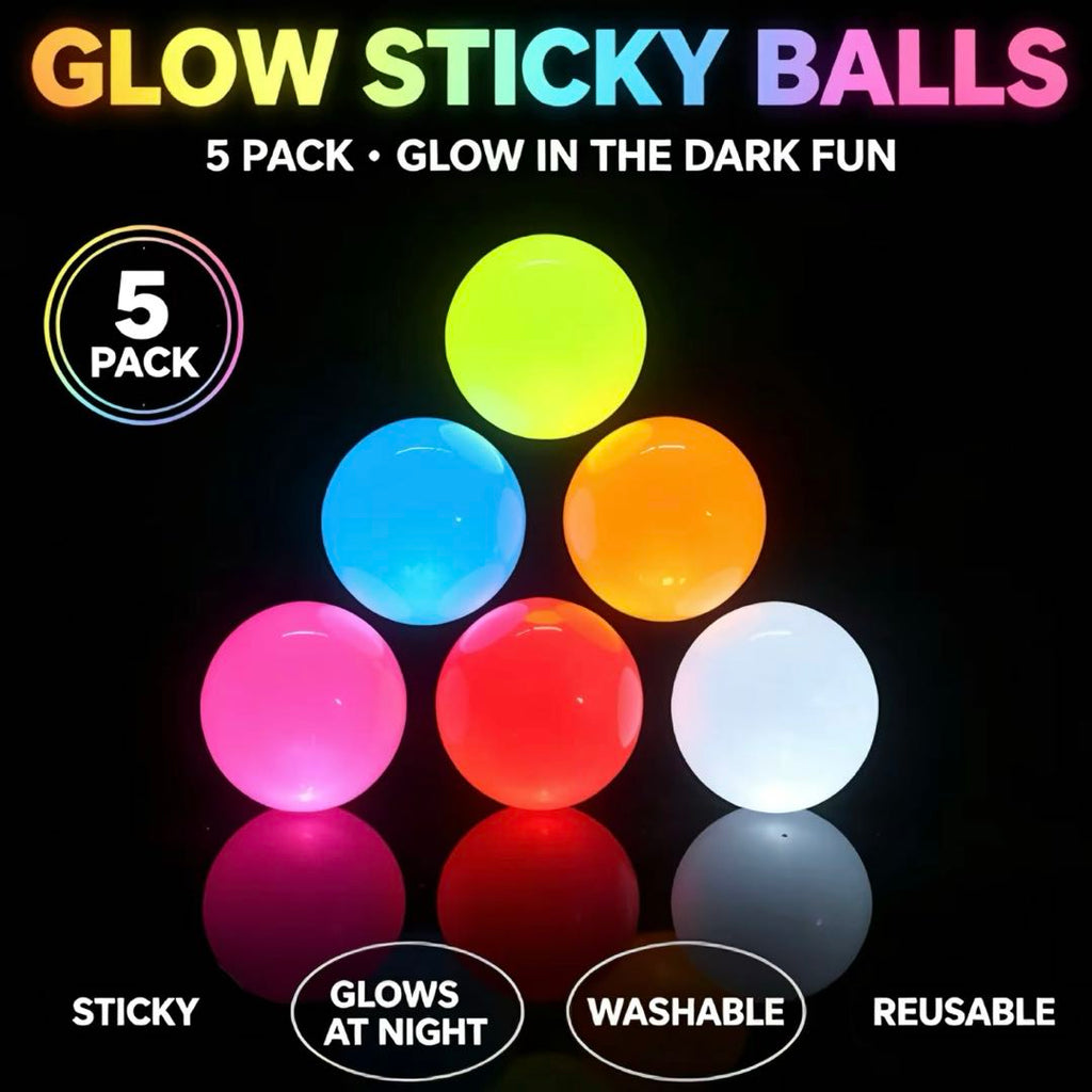 Glow Sticky Wall Balls 5-Pack (6CM) – Glow in The Dark Squishy Ceiling Toss Balls, Random Color Reusable Sensory Fidget Toy for Kids & Adults