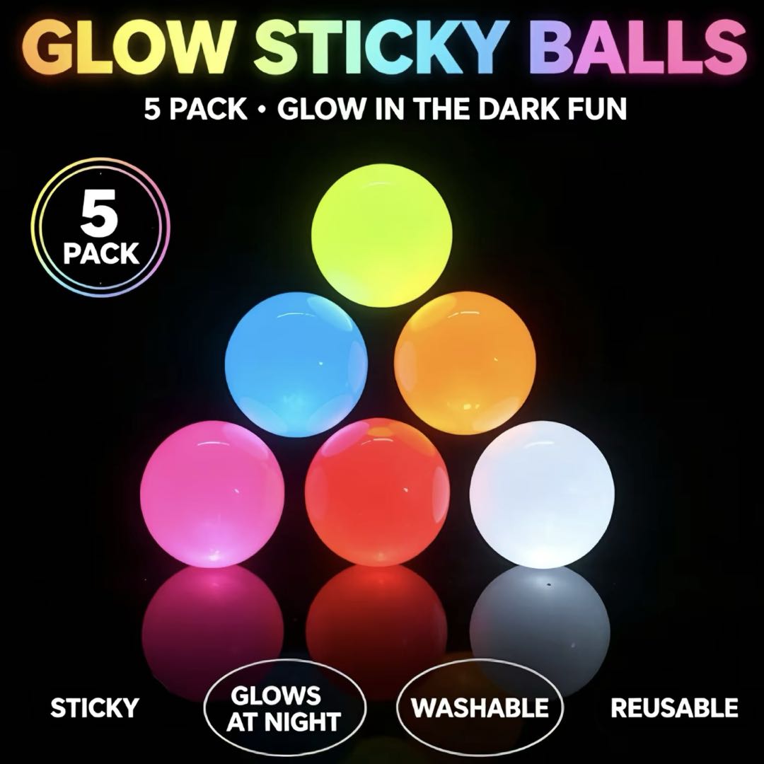 Glow Sticky Wall Balls 5-Pack (6CM) – Glow in The Dark Squishy Ceiling Toss Balls, Random Color Reusable Sensory Fidget Toy for Kids & Adults