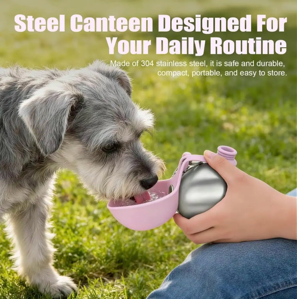 304 Stainless Steel Dog Water Bottle with Bowl – Portable Travel Pet Bottle
