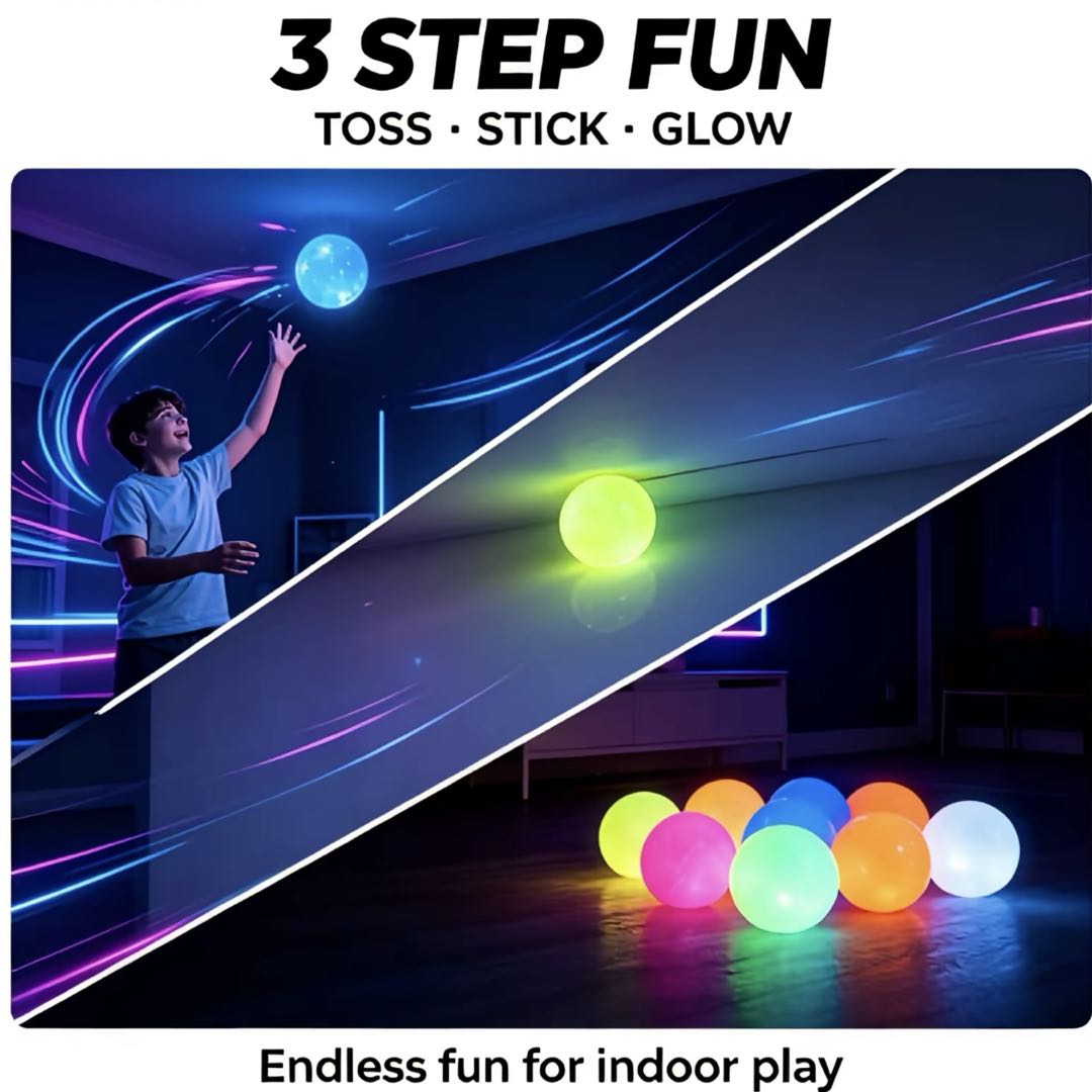 Glow Sticky Wall Balls 5-Pack (6CM) – Glow in The Dark Squishy Ceiling Toss Balls, Random Color Reusable Sensory Fidget Toy for Kids & Adults