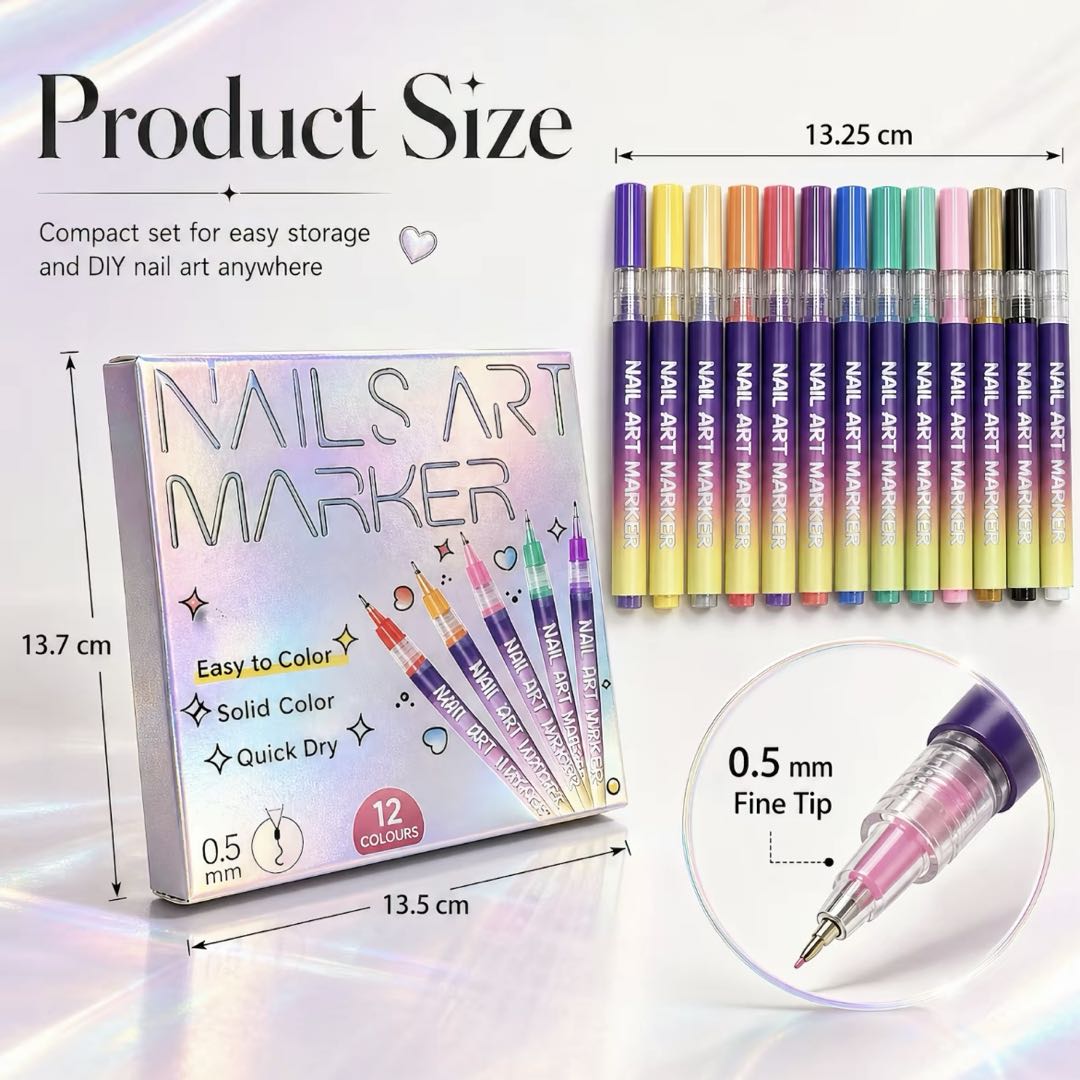 12 Colors Water-Based Nail Art Marker Pens Set – 0.5mm Fine Tip DIY Nail Design Paint Pens, Quick Dry, Washable Nail Art Kit for Beginners & Professionals