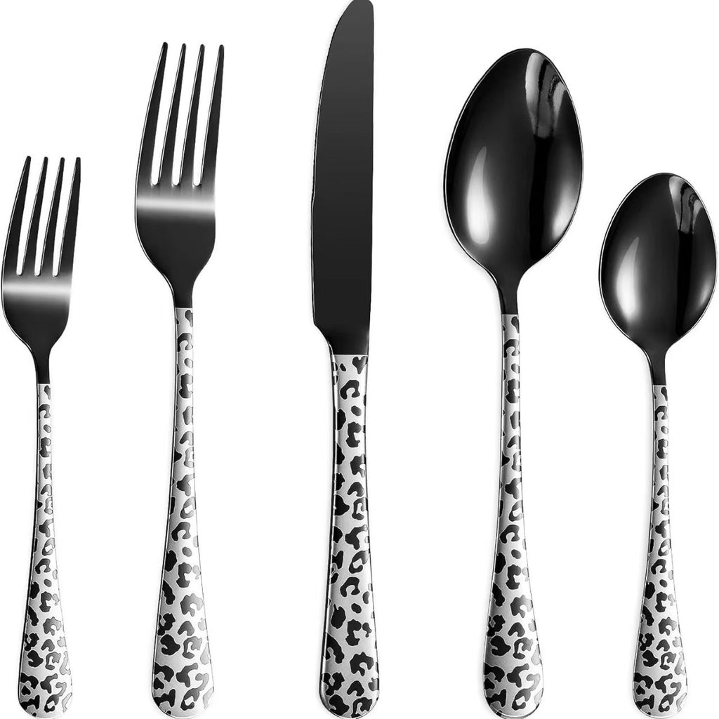 Leopard Print Black Stainless Steel Cutlery Set – 5/20PCS Mirror Polished Flatware Set with Forks, Spoons & Knives