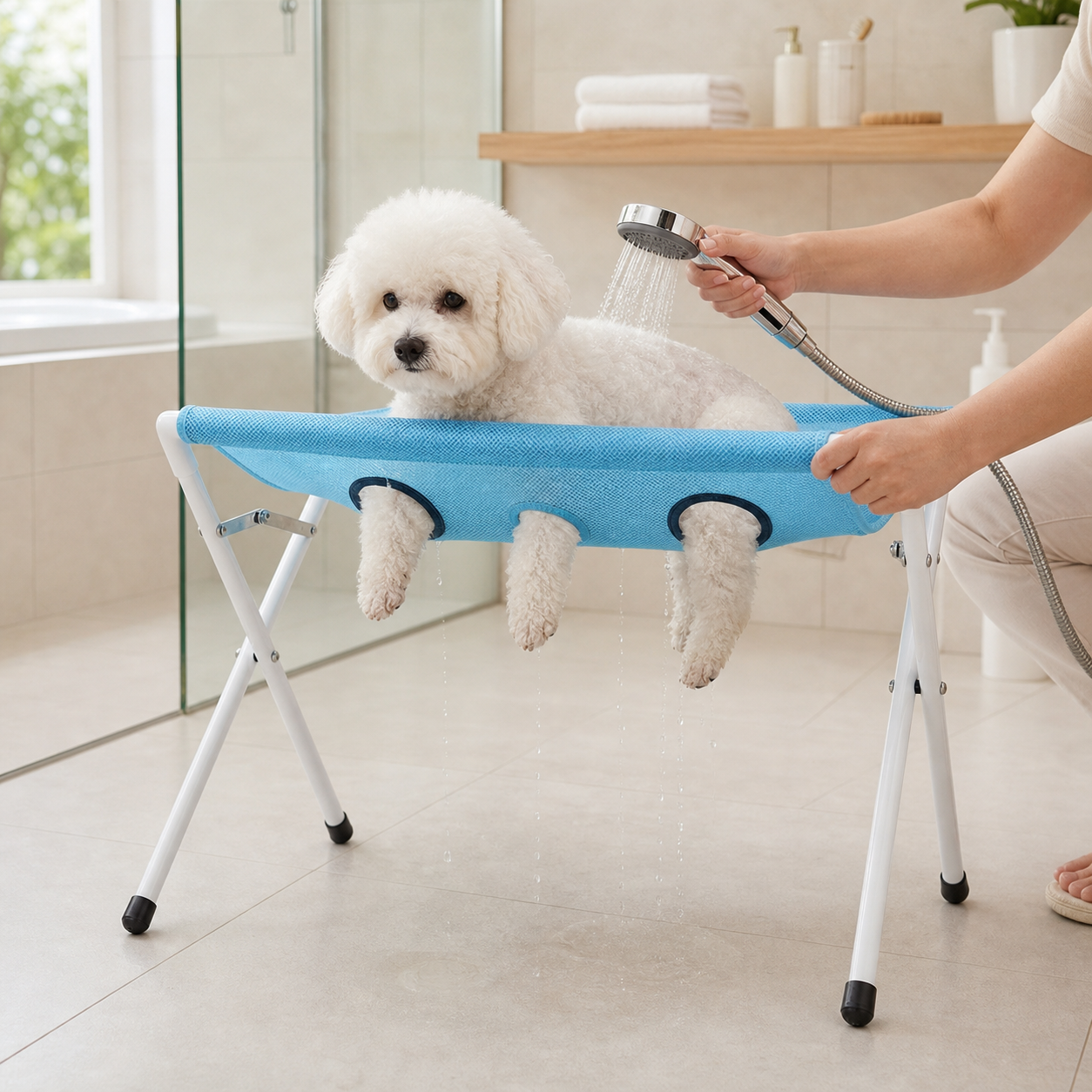 8-Hole Pet Grooming Table with Bite-Resistant Hammock – for Bathing, Nail Trimming & Cleaning
