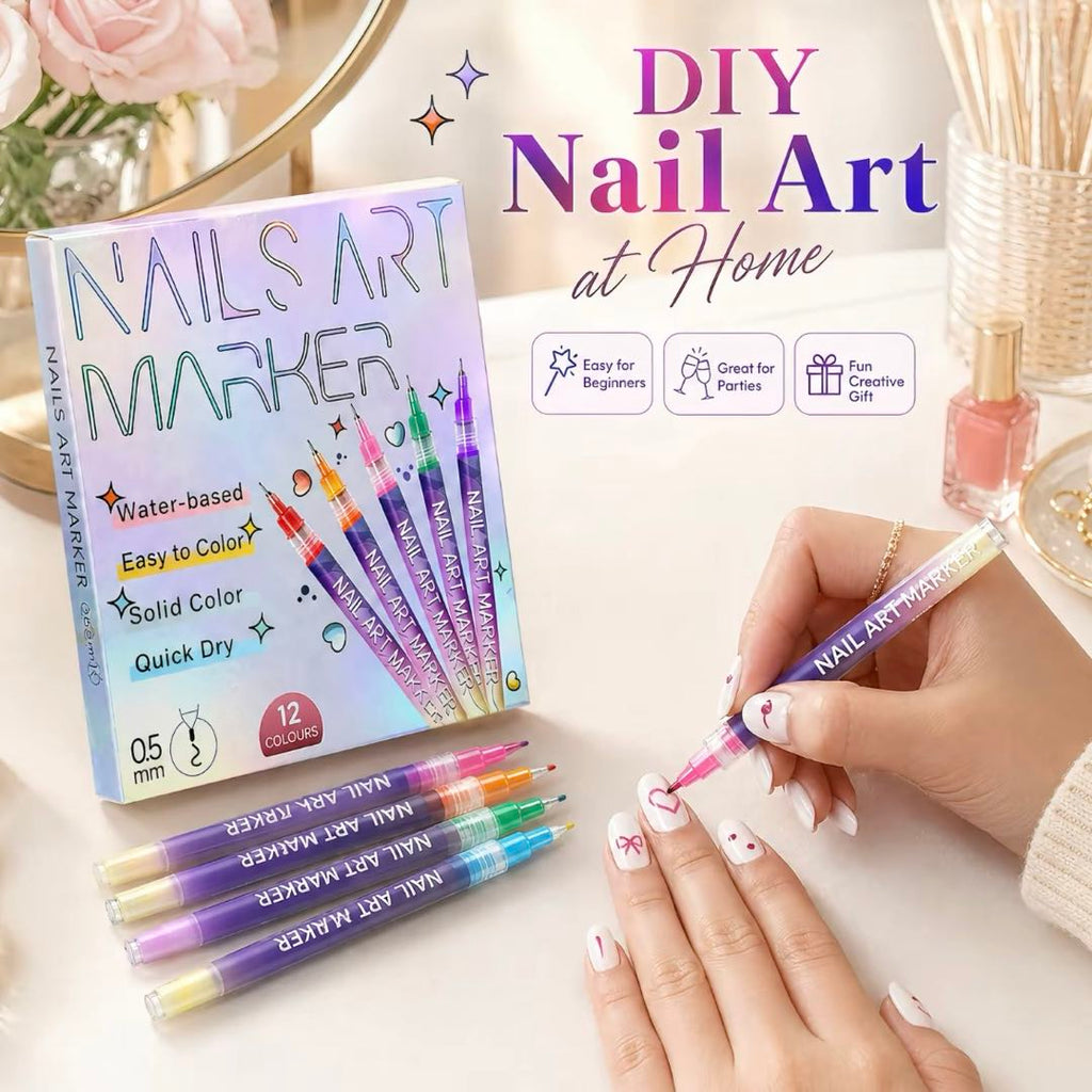 12 Colors Water-Based Nail Art Marker Pens Set – 0.5mm Fine Tip DIY Nail Design Paint Pens, Quick Dry, Washable Nail Art Kit for Beginners & Professionals