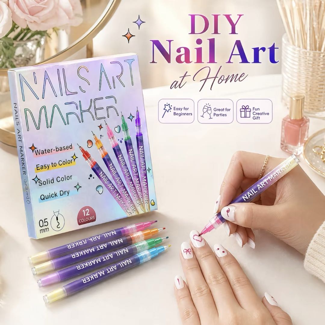 12 Colors Water-Based Nail Art Marker Pens Set – 0.5mm Fine Tip DIY Nail Design Paint Pens, Quick Dry, Washable Nail Art Kit for Beginners & Professionals