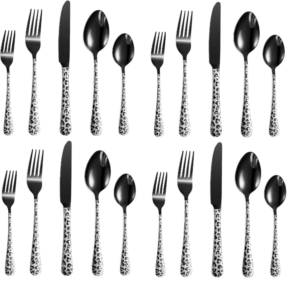 Leopard Print Black Stainless Steel Cutlery Set – 5/20PCS Mirror Polished Flatware Set with Forks, Spoons & Knives