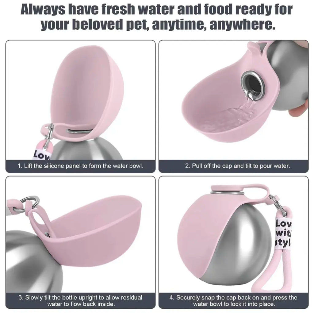 304 Stainless Steel Dog Water Bottle with Bowl – Portable Travel Pet Bottle