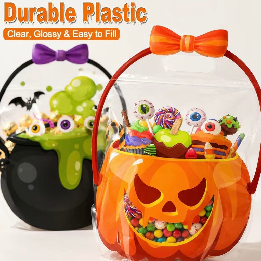 10PCS Halloween Candy Treat Bags – Pumpkin & Witch Cauldron Clear Plastic Candy Bucket with Handle, Reusable Trick or Treat Tote for Kids Halloween Party Favor Bags