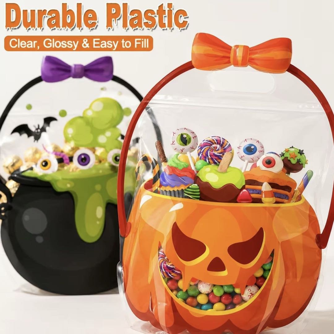 10PCS Halloween Candy Treat Bags – Pumpkin & Witch Cauldron Clear Plastic Candy Bucket with Handle, Reusable Trick or Treat Tote for Kids Halloween Party Favor Bags
