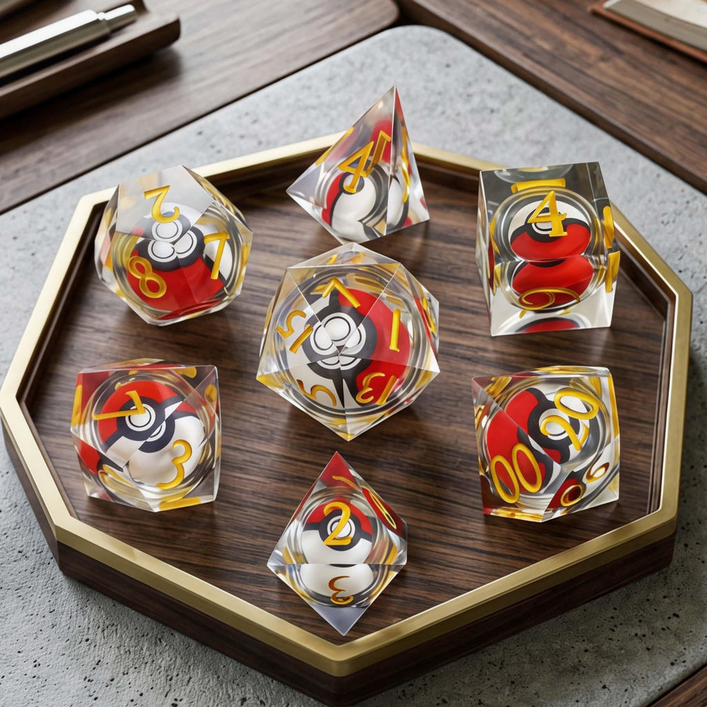 7-Piece Monster Catch Adventure Resin Dice Set – Clear Sharp Edge Polyhedral Dice for DND, TTRPG & Tabletop Gaming