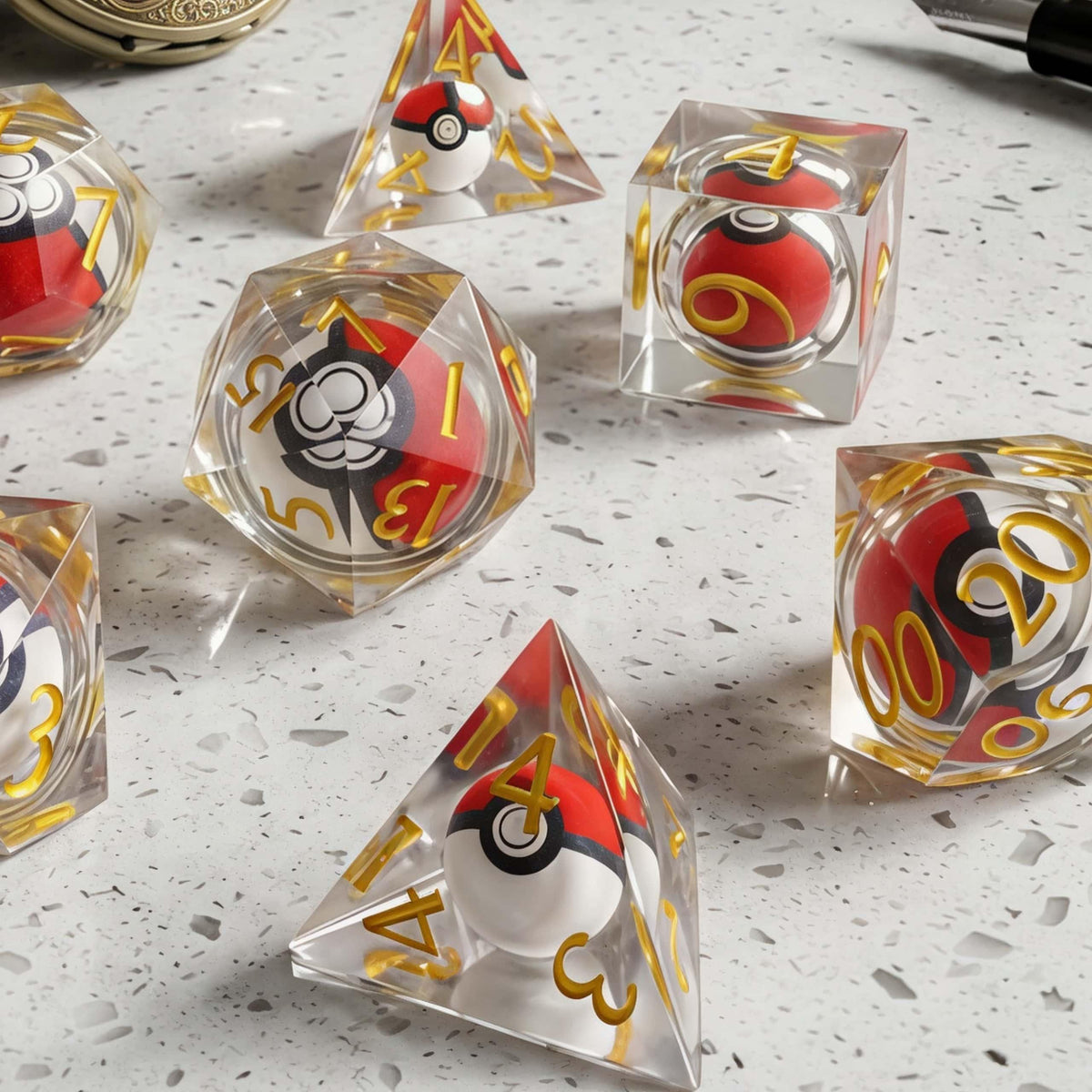 7-Piece Monster Catch Adventure Resin Dice Set – Clear Sharp Edge Polyhedral Dice for DND, TTRPG & Tabletop Gaming