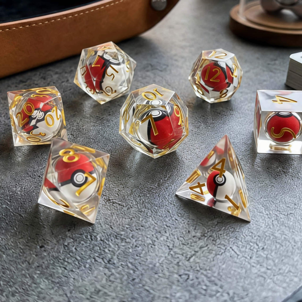 7-Piece Monster Catch Adventure Resin Dice Set – Clear Sharp Edge Polyhedral Dice for DND, TTRPG & Tabletop Gaming