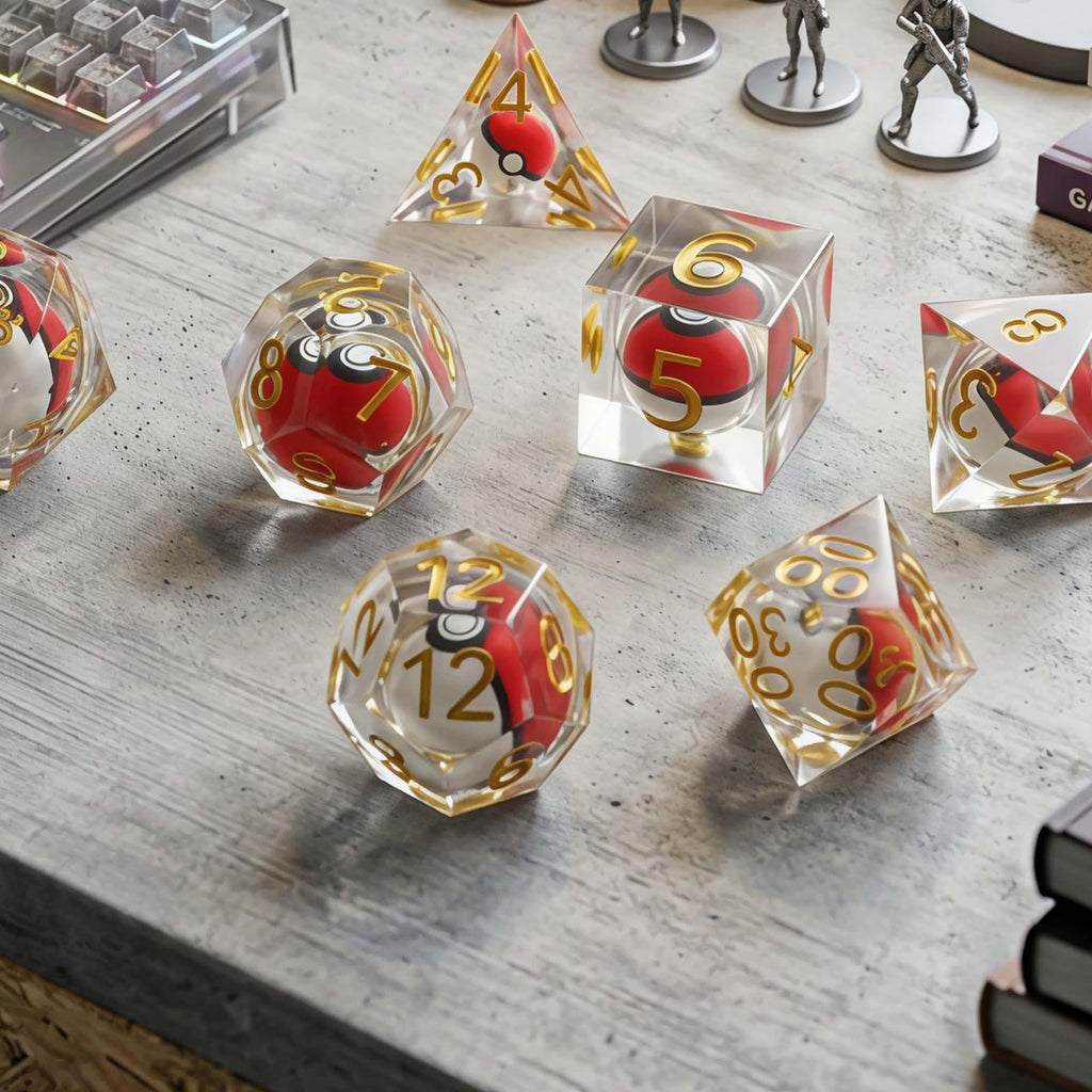 7-Piece Monster Catch Adventure Resin Dice Set – Clear Sharp Edge Polyhedral Dice for DND, TTRPG & Tabletop Gaming