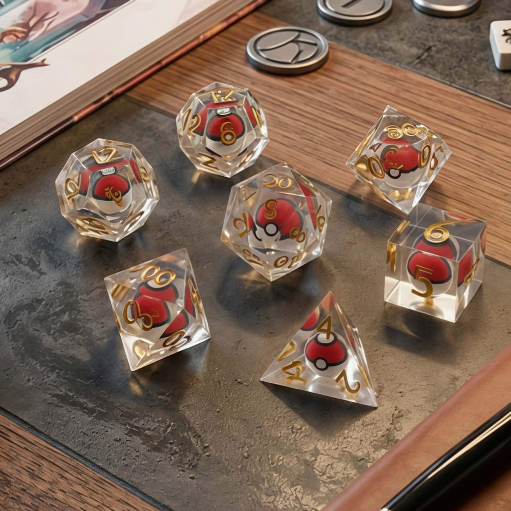 7-Piece Monster Catch Adventure Resin Dice Set – Clear Sharp Edge Polyhedral Dice for DND, TTRPG & Tabletop Gaming
