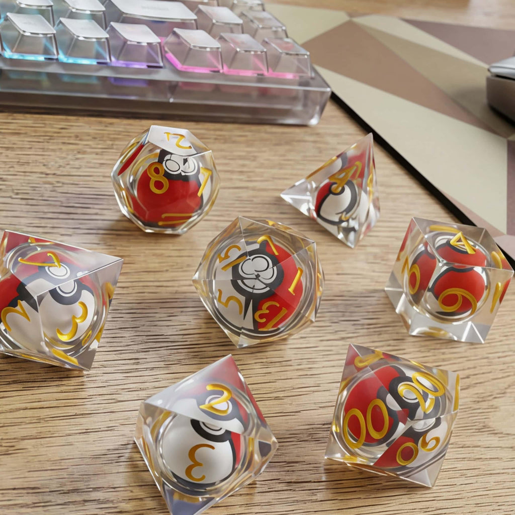 7-Piece Monster Catch Adventure Resin Dice Set – Clear Sharp Edge Polyhedral Dice for DND, TTRPG & Tabletop Gaming