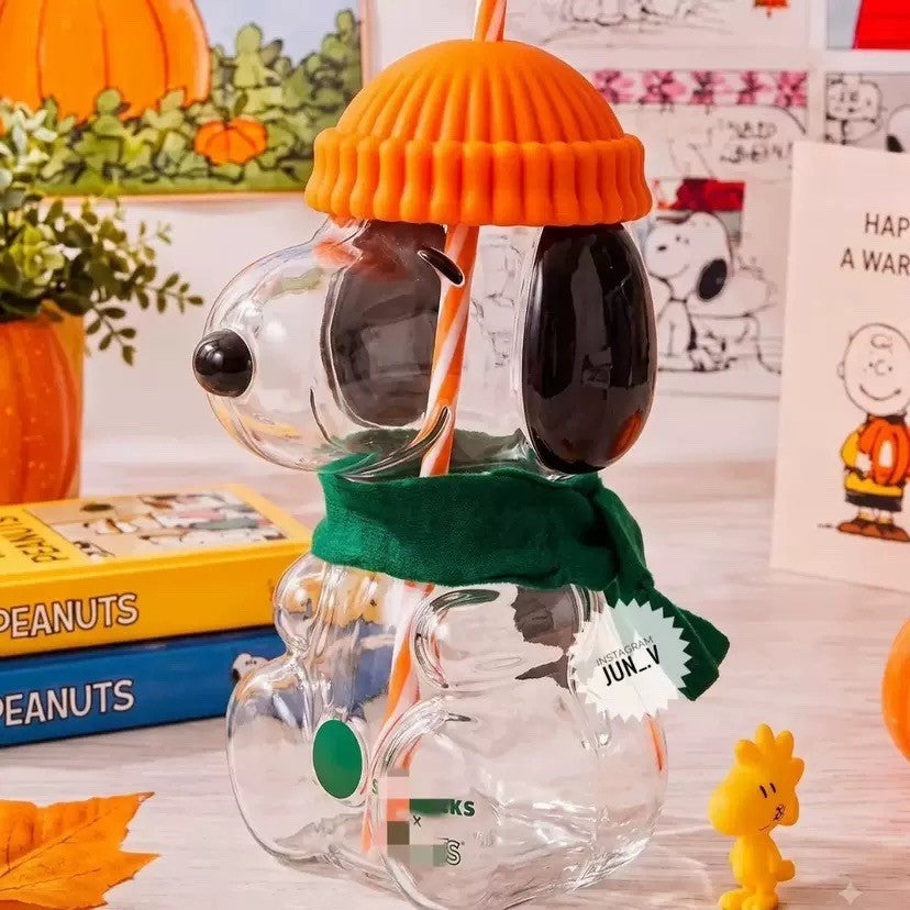 Snoopy  Beanie Glass Tumbler with Straw – Fall Cartoon Cold Cup with Scarf & Lid | Fan-Made Gift